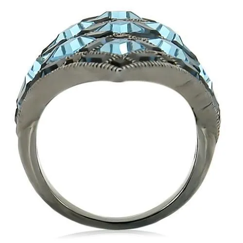 0W235 Ruthenium Brass Ring with Top Grade Crystal in Sea Blue