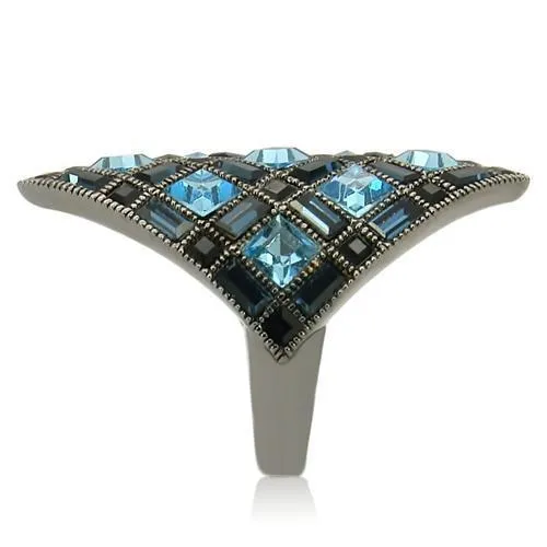 0W235 Ruthenium Brass Ring with Top Grade Crystal in Sea Blue