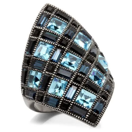 0W235 Ruthenium Brass Ring with Top Grade Crystal in Sea Blue