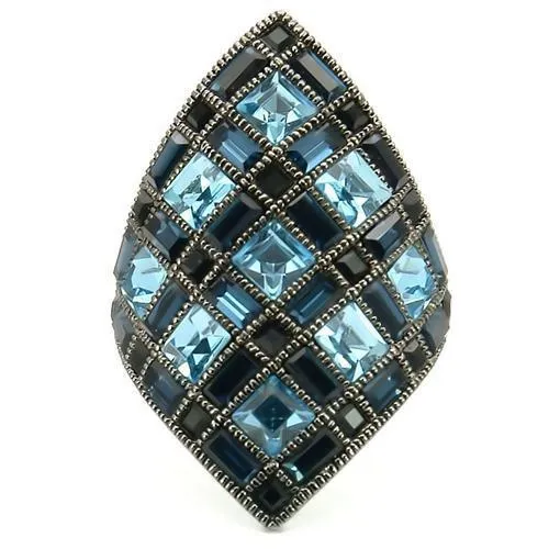 0W235 Ruthenium Brass Ring with Top Grade Crystal in Sea Blue