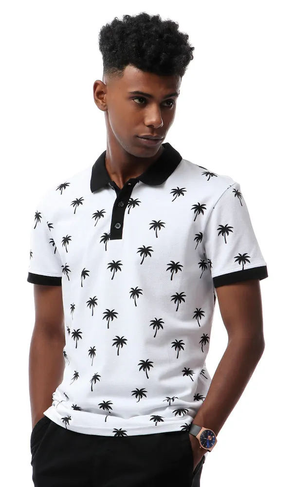 53113 Palms Turn Down Collar Polo Shirt - White & Black