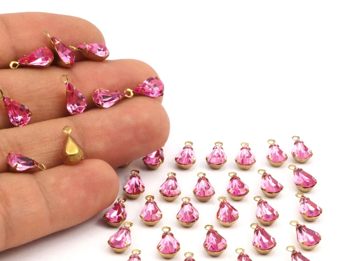 8 Light Rose Swarovski Crystal Drop With Raw Brass Prong Settings 10x6mm