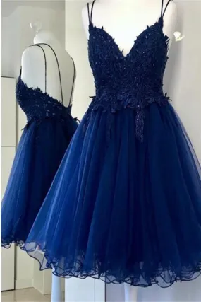 A Line Dual-Strapped Royal Blue V Neck Short Prom Dress with Beads Appliques