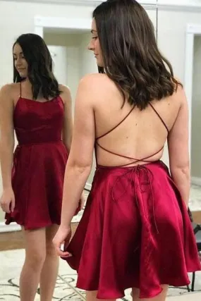 A Line Satin Spaghetti Straps Burgundy Homecoming Dresses Above Knee Short Prom Dresses