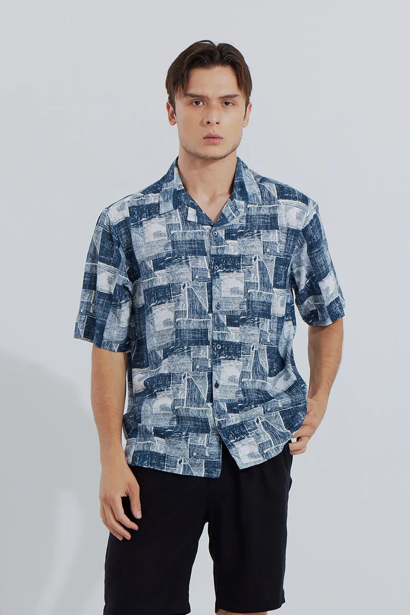 Abstract Squares Dark Blue Oversized Shirt