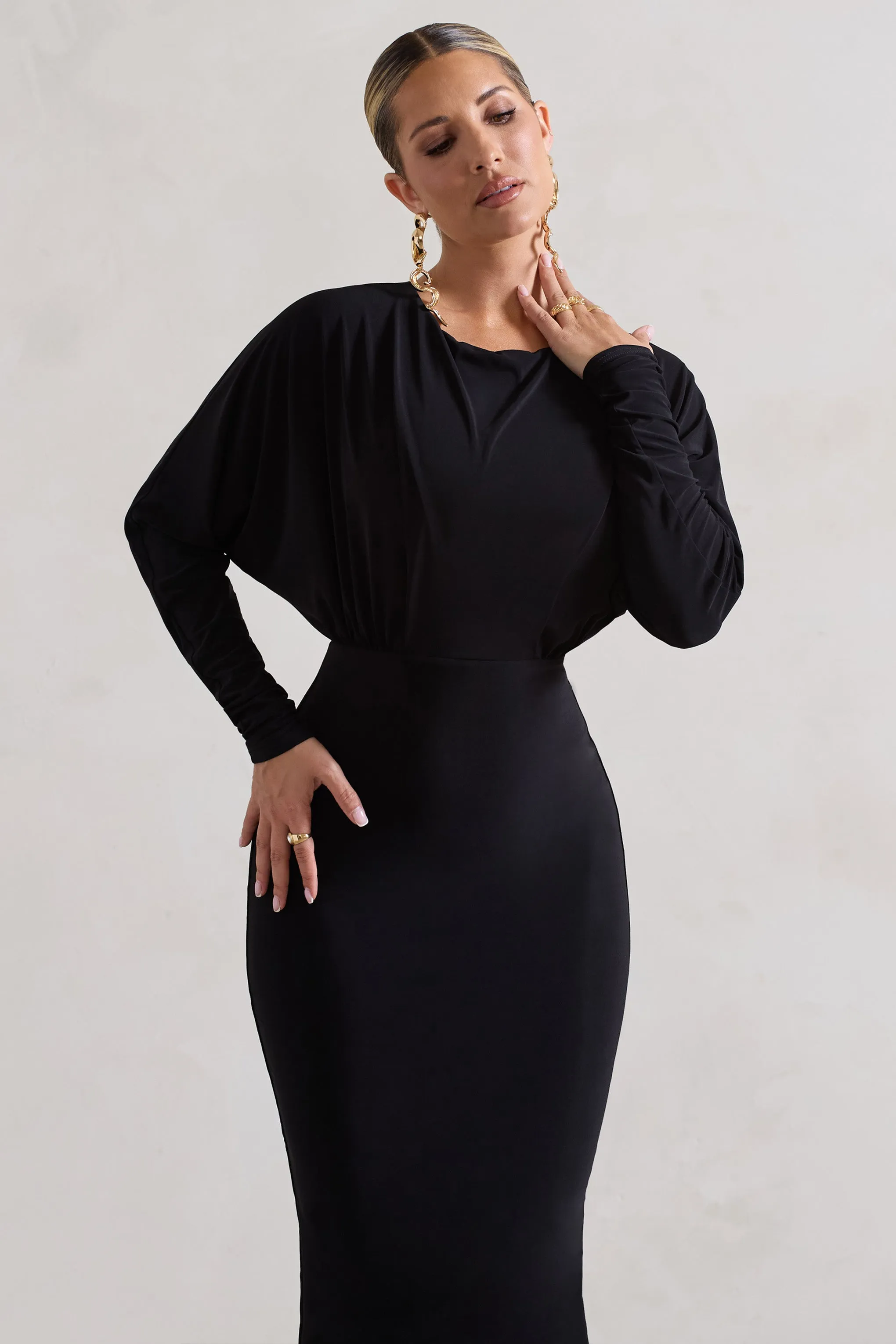 All It Takes | Black Long-Sleeve Draped Maxi Dress