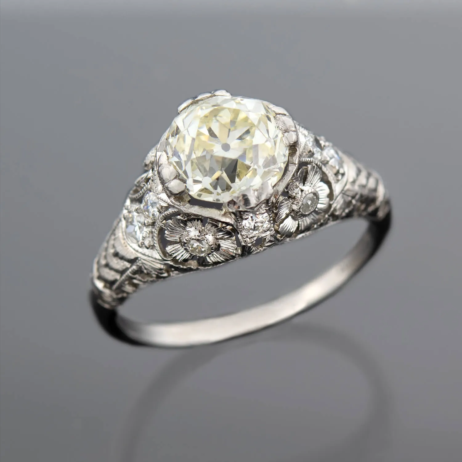 Art Deco Platinum   Old European Cut Diamond Floral Engagement Ring 1.91ctw