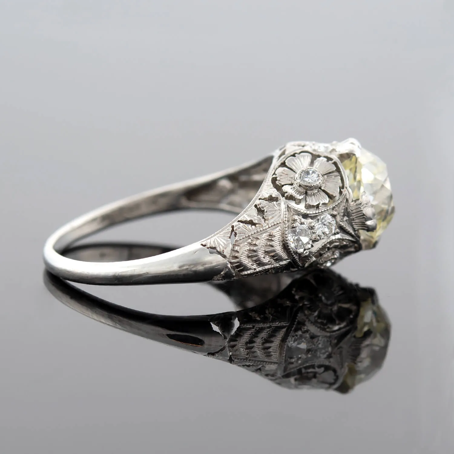 Art Deco Platinum   Old European Cut Diamond Floral Engagement Ring 1.91ctw