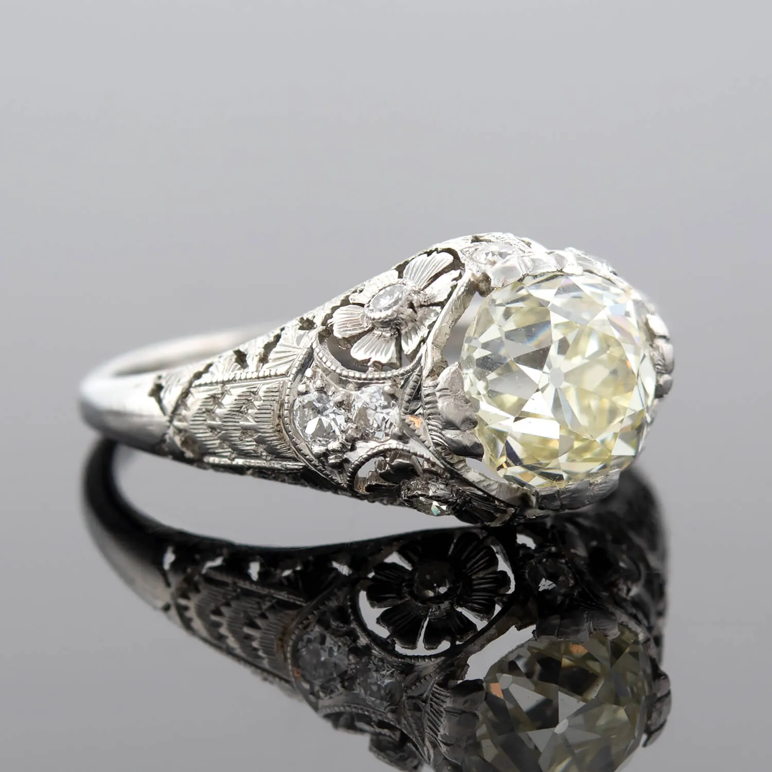 Art Deco Platinum   Old European Cut Diamond Floral Engagement Ring 1.91ctw