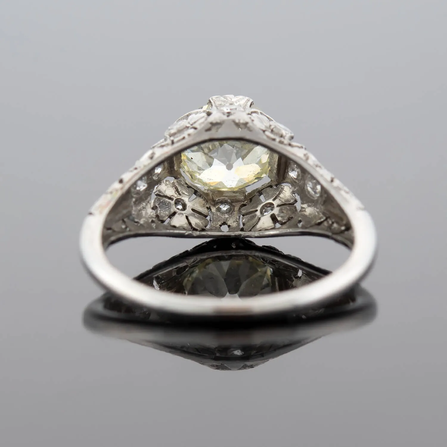 Art Deco Platinum   Old European Cut Diamond Floral Engagement Ring 1.91ctw