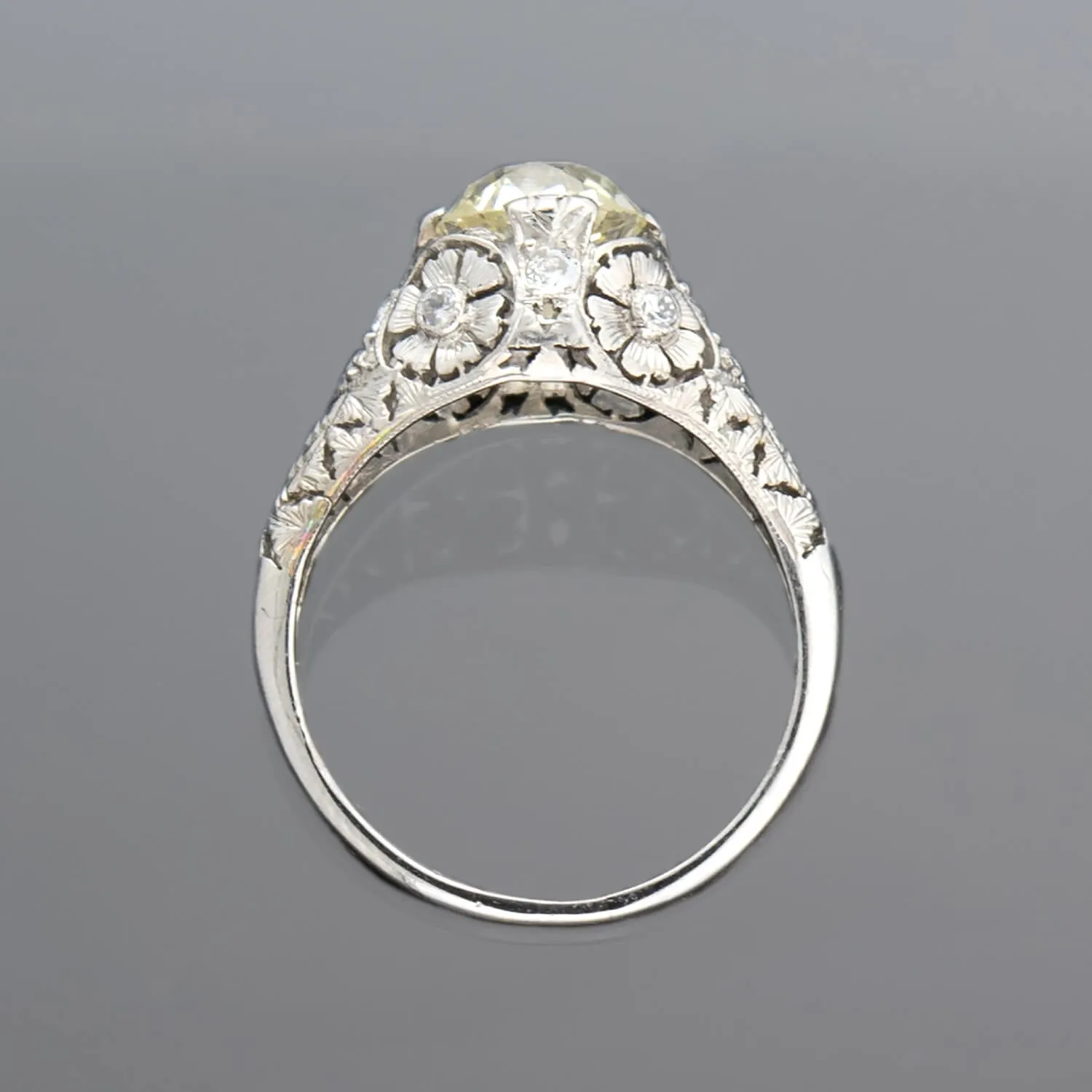 Art Deco Platinum   Old European Cut Diamond Floral Engagement Ring 1.91ctw