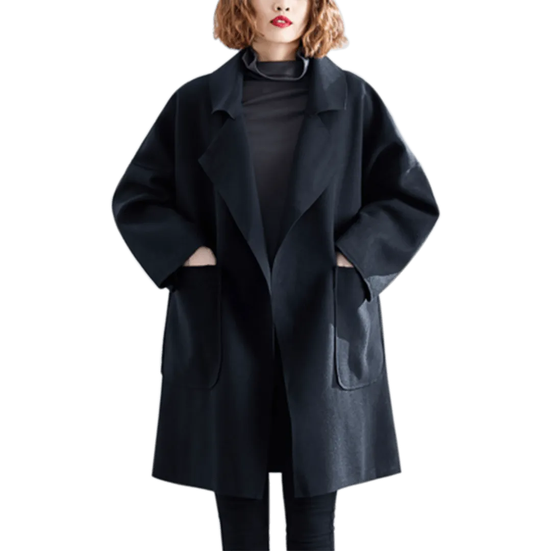 BABAKUD Solid Pockets Loose Winderbreaker Wool Coat