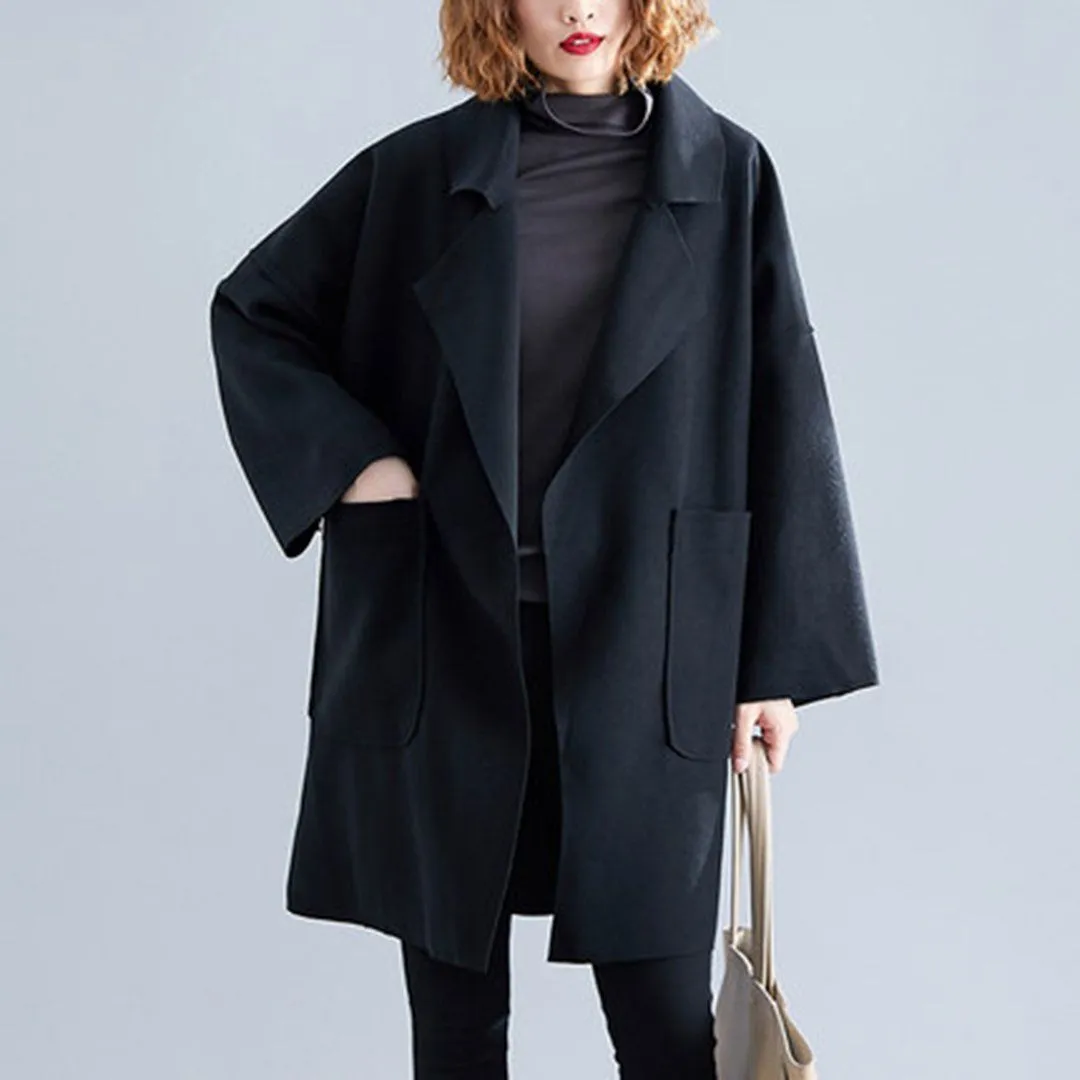 BABAKUD Solid Pockets Loose Winderbreaker Wool Coat