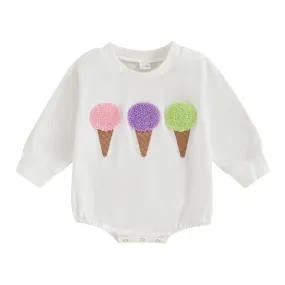 Baby Girls Chenille Long Sleeve Romper Onesie - Ice Cream Cone