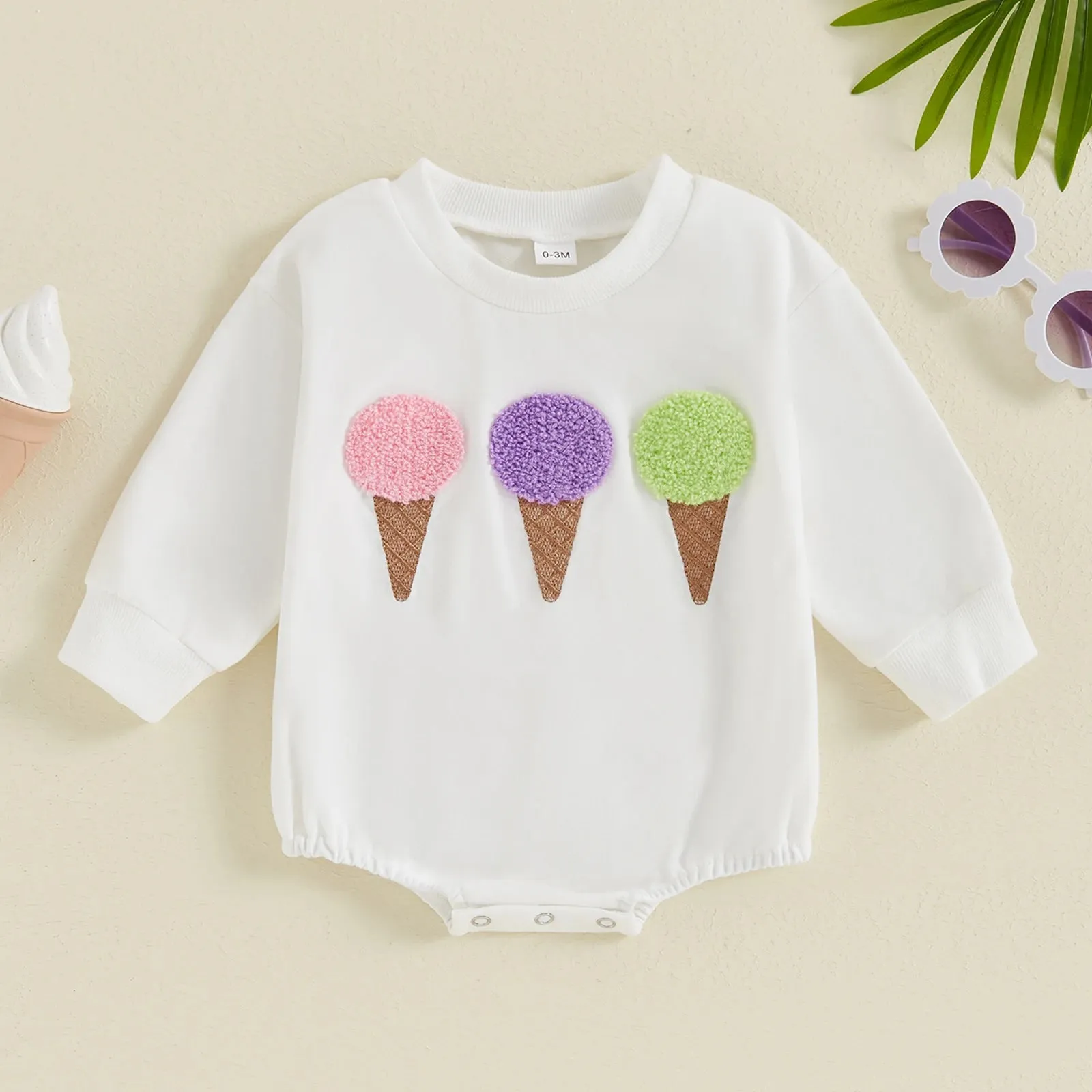 Baby Girls Chenille Long Sleeve Romper Onesie - Ice Cream Cone