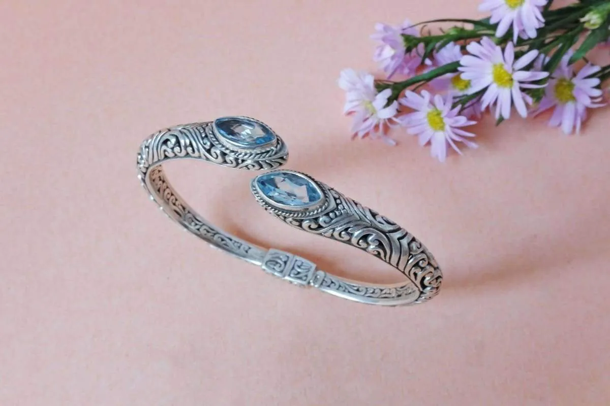 Bali Silver Bracelet with Blue Topaz, Indonesian Silver Cuff Bracelet for Women, Gift Jewelry