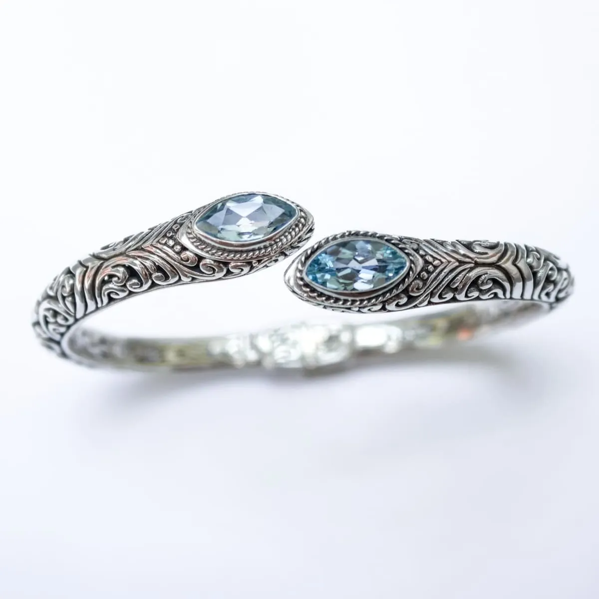 Bali Silver Bracelet with Blue Topaz, Indonesian Silver Cuff Bracelet for Women, Gift Jewelry