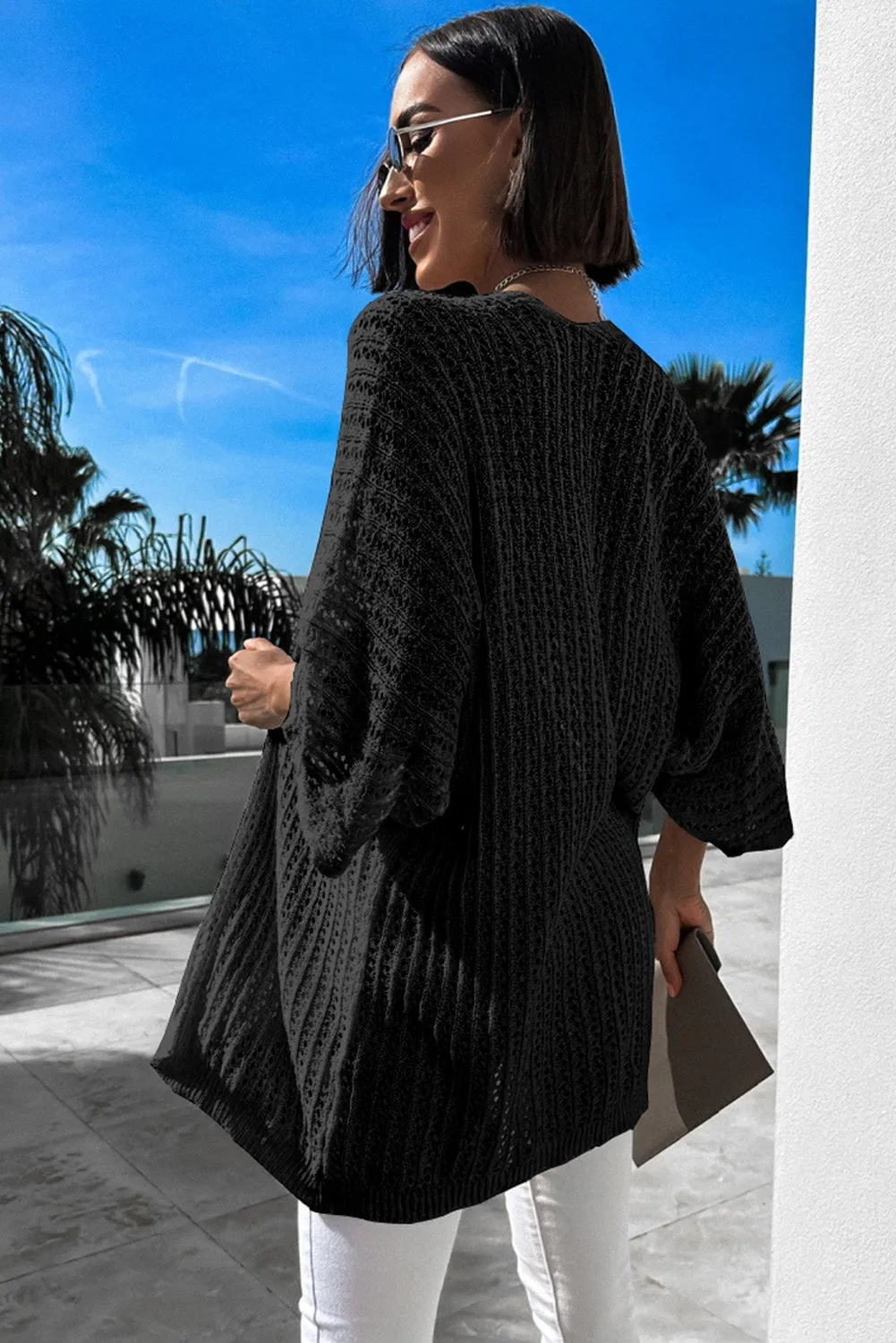 Black Hollow-out Knit Kimono Lightweight Cardigan