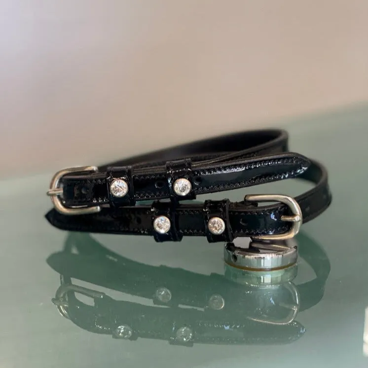 Black Patent Leather Spur Straps with Clear Crystals & Silver Horseshoe Buckles