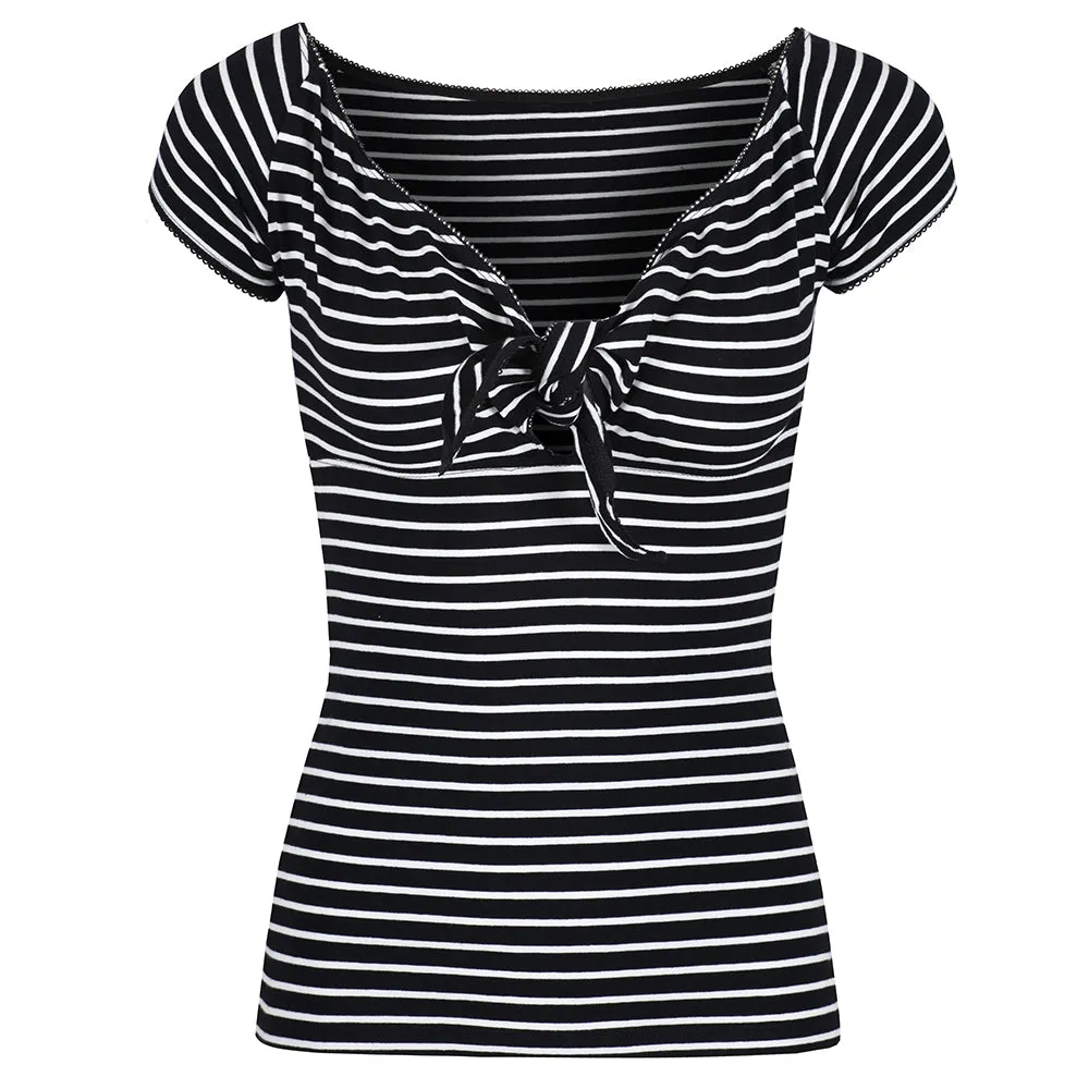 Black White Stripe Tie Front Short Sleeve Retro Top