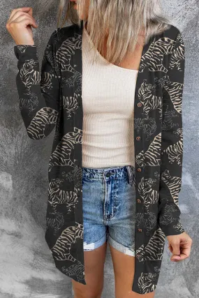 Black Wild Tiger Print Button Front Cardigan