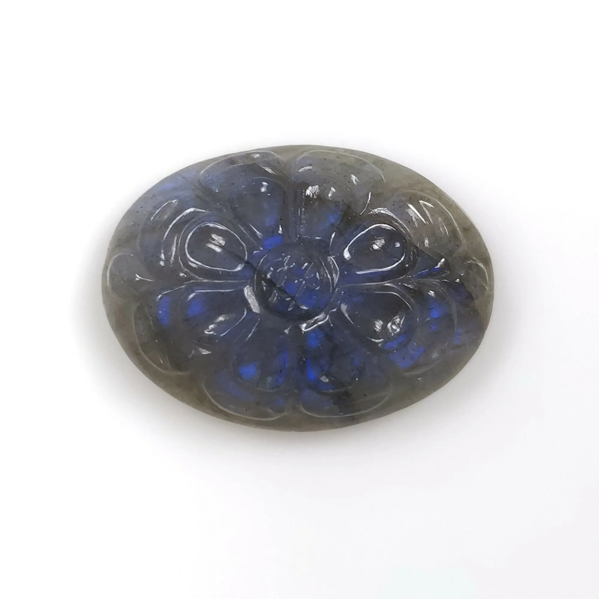 BLUE LABRADORITE Gemstone Carving : 19.85cts Natural Untreated Labradorite Hand Carved Both Side Oval Shape 22.5*16mm (With Video)