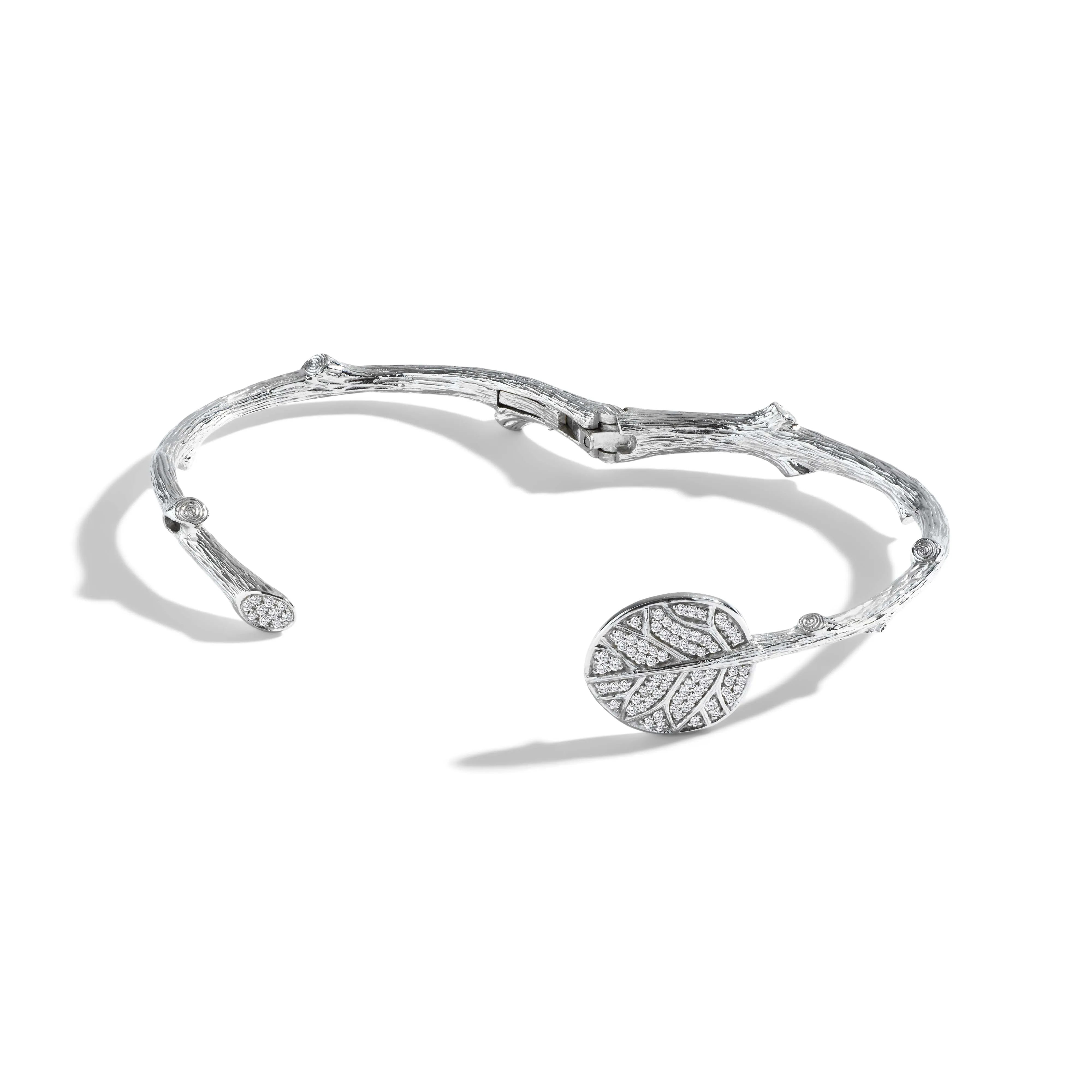 Botanical Leaf Bangle Bracelet with Diamonds