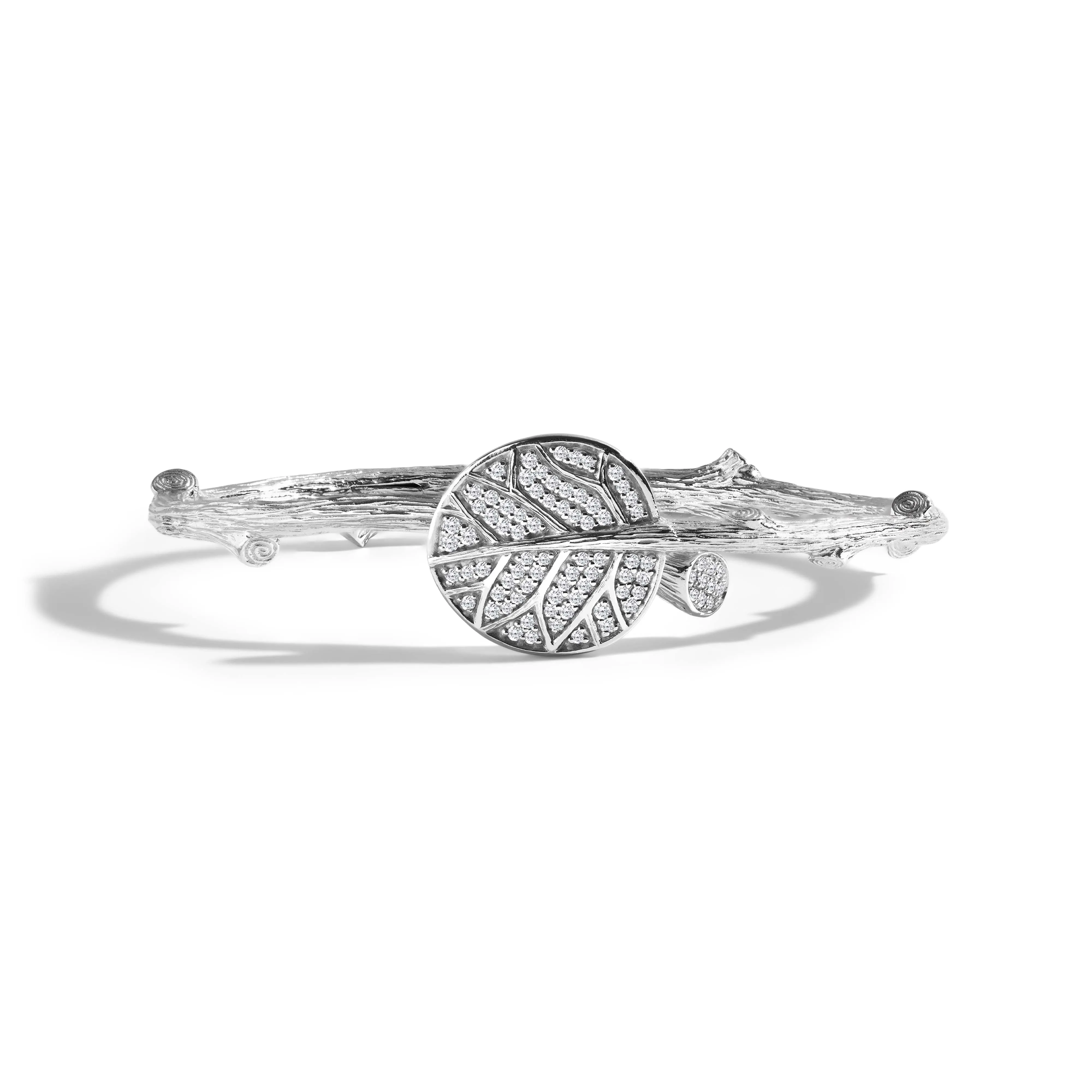 Botanical Leaf Bangle Bracelet with Diamonds