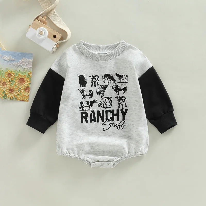 Children's Wear Spring and Autumn 2022 Baby Baby Letter Animal Print Splicing Sleeve Pullover Romper