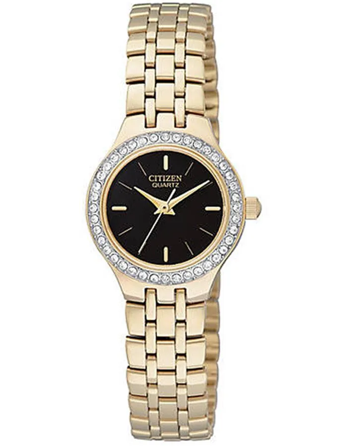 Citizen Ladies Gold-Tone Crystal Watch - Black Dial - Bracelet