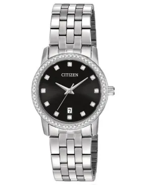 Citizen Quartz Ladies Swarovski Crystal Dress - Stainless Steel - Black Dial