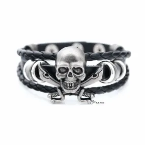 Classic Multilayer Pirate Skull and Cross Swords Adjustable Leather Bracelet