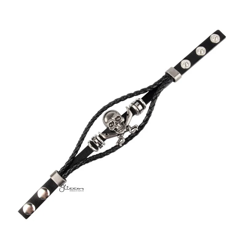 Classic Multilayer Pirate Skull and Cross Swords Adjustable Leather Bracelet