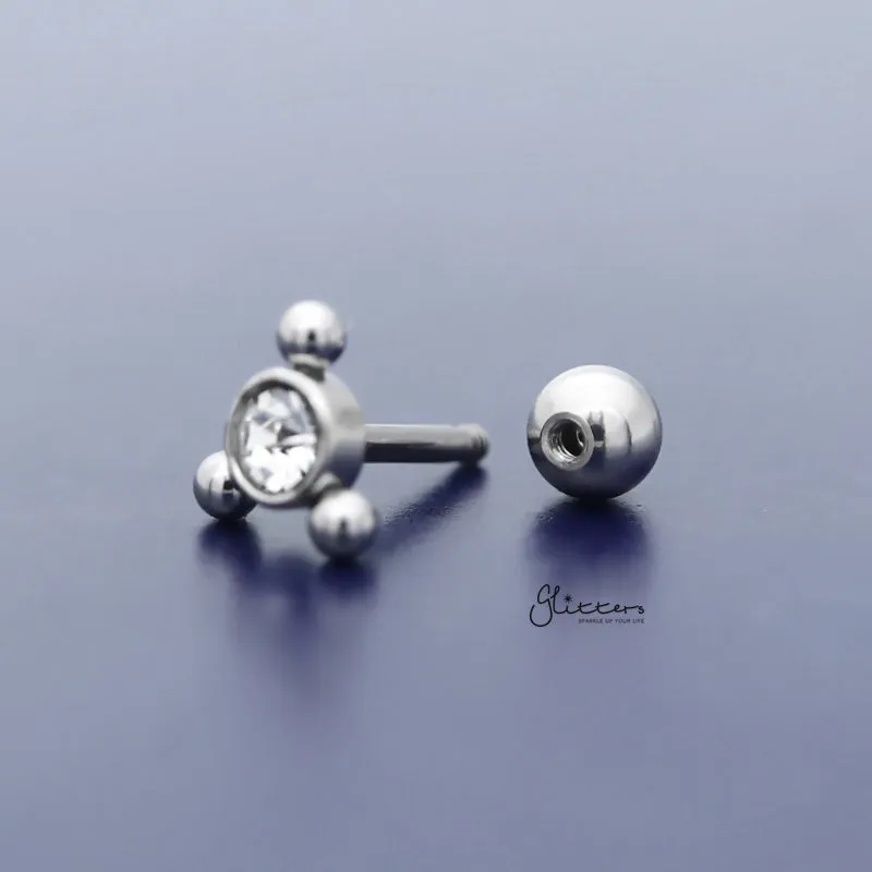 Clear Crystal with 3 Balls Triangle Top Tragus Cartilage Barbell Stud - Silver