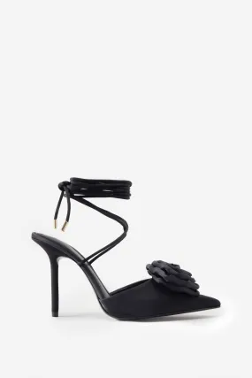 Clearly | Black Satin Lace-Up Stiletto Heels With Flowers