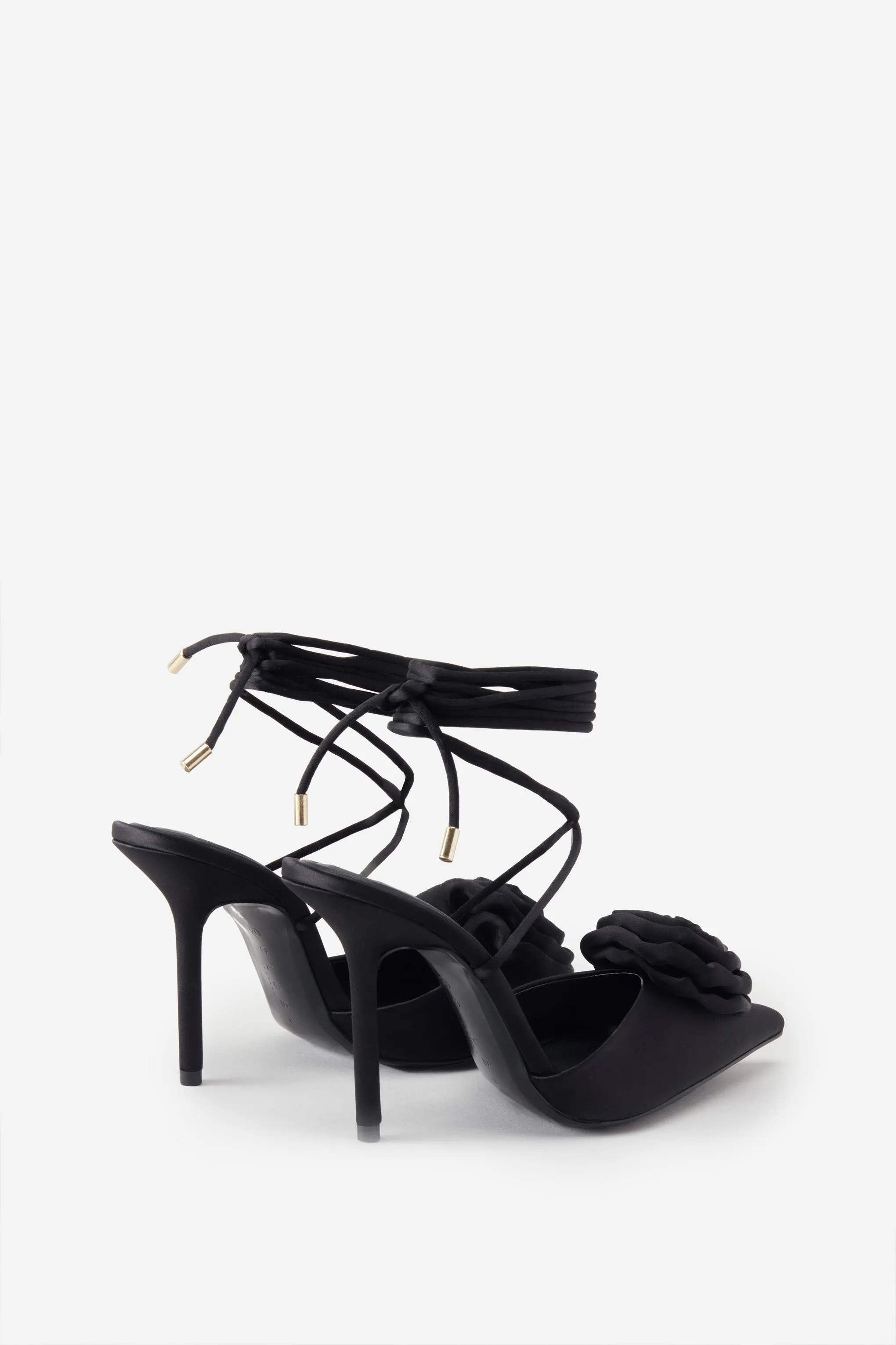 Clearly | Black Satin Lace-Up Stiletto Heels With Flowers