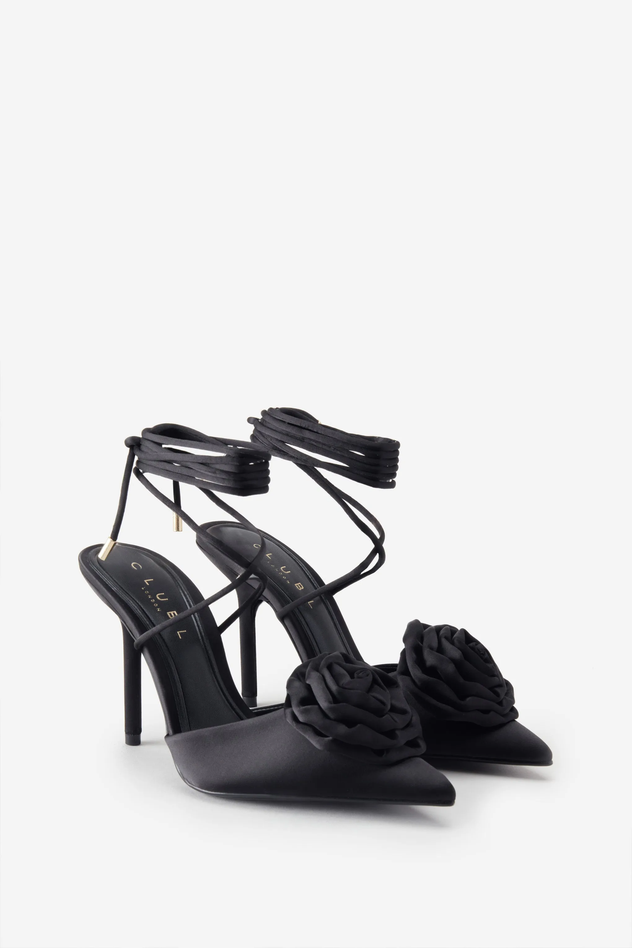 Clearly | Black Satin Lace-Up Stiletto Heels With Flowers