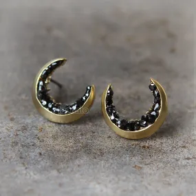 Crescent Moon and Black CZ Earrings / Moon earrings