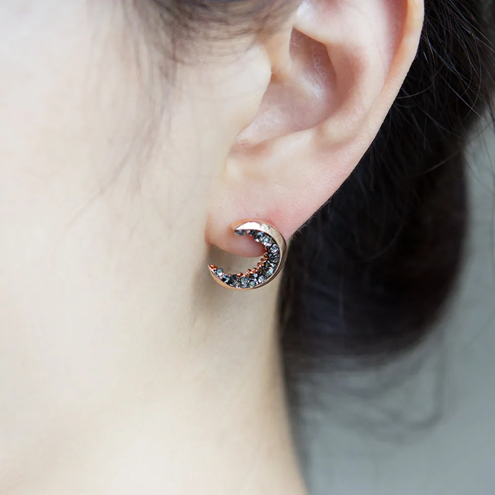 Crescent Moon and Black CZ Earrings / Moon earrings