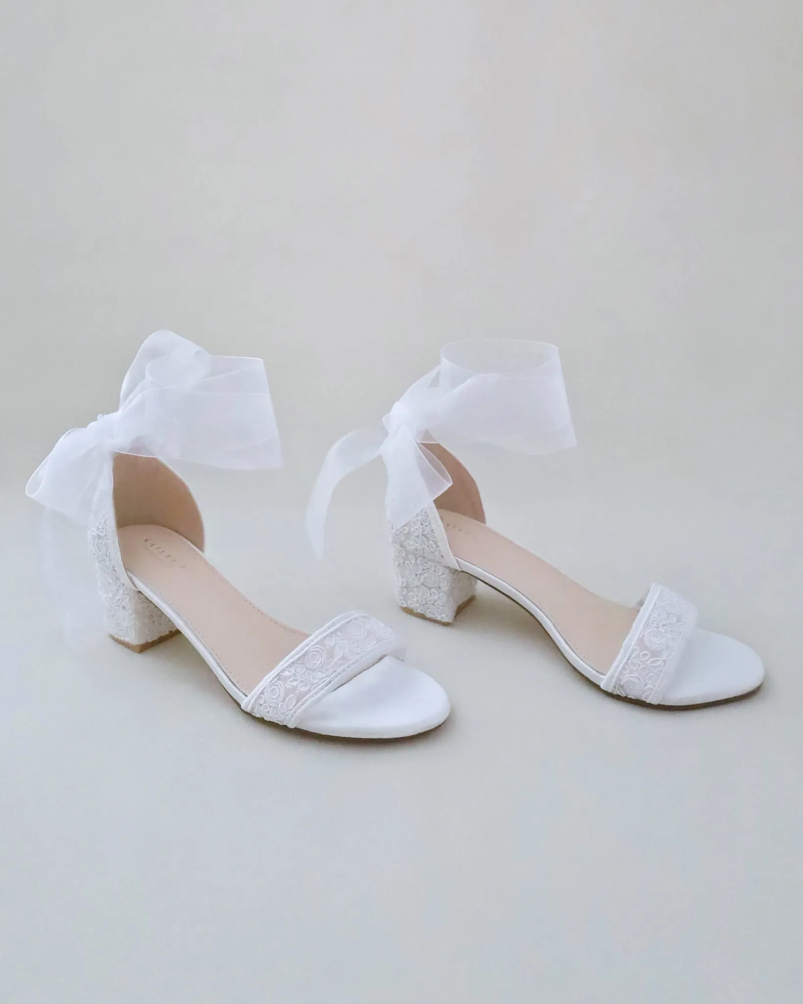 Crochet Lace Block Heel Wedding Sandals with Wrapped Ankle Tie