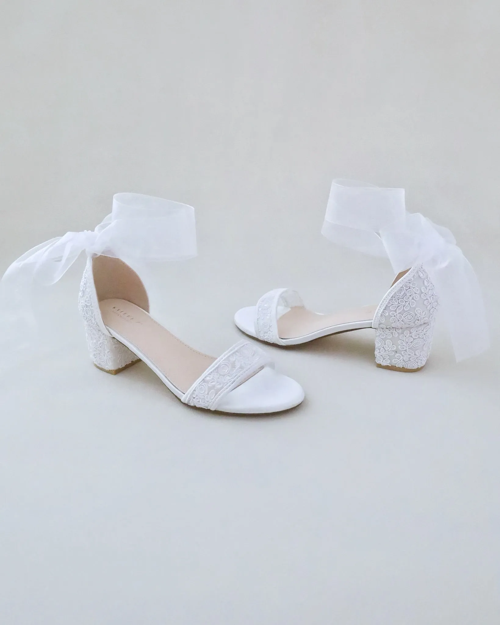 Crochet Lace Block Heel Wedding Sandals with Wrapped Ankle Tie