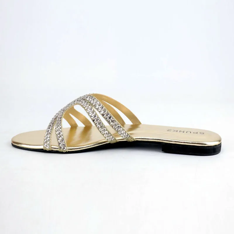 Crystal Silver Embellishment Strap Ladies Flat Slipper