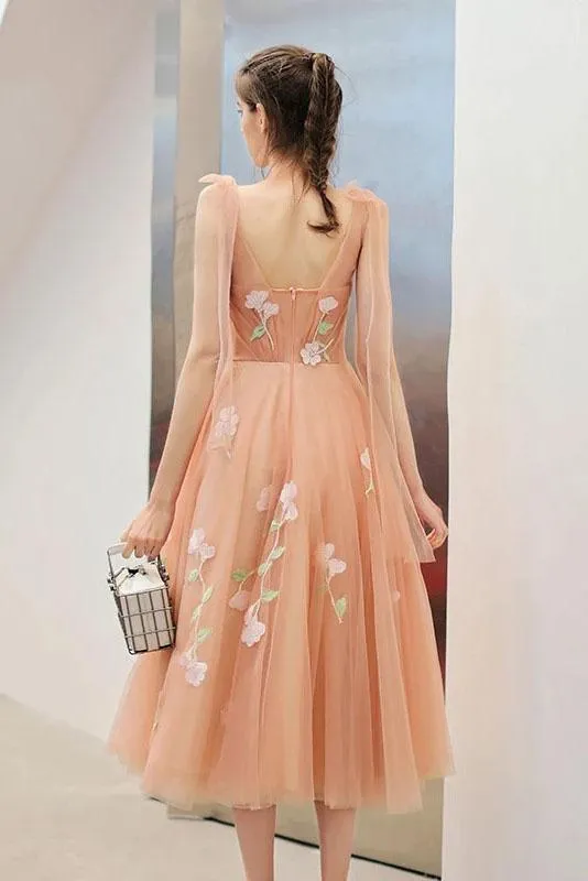 Cute Tea Length A Line Pink Short Prom Dress Sweet 16 Dresses with Hand Made Flower STK15138