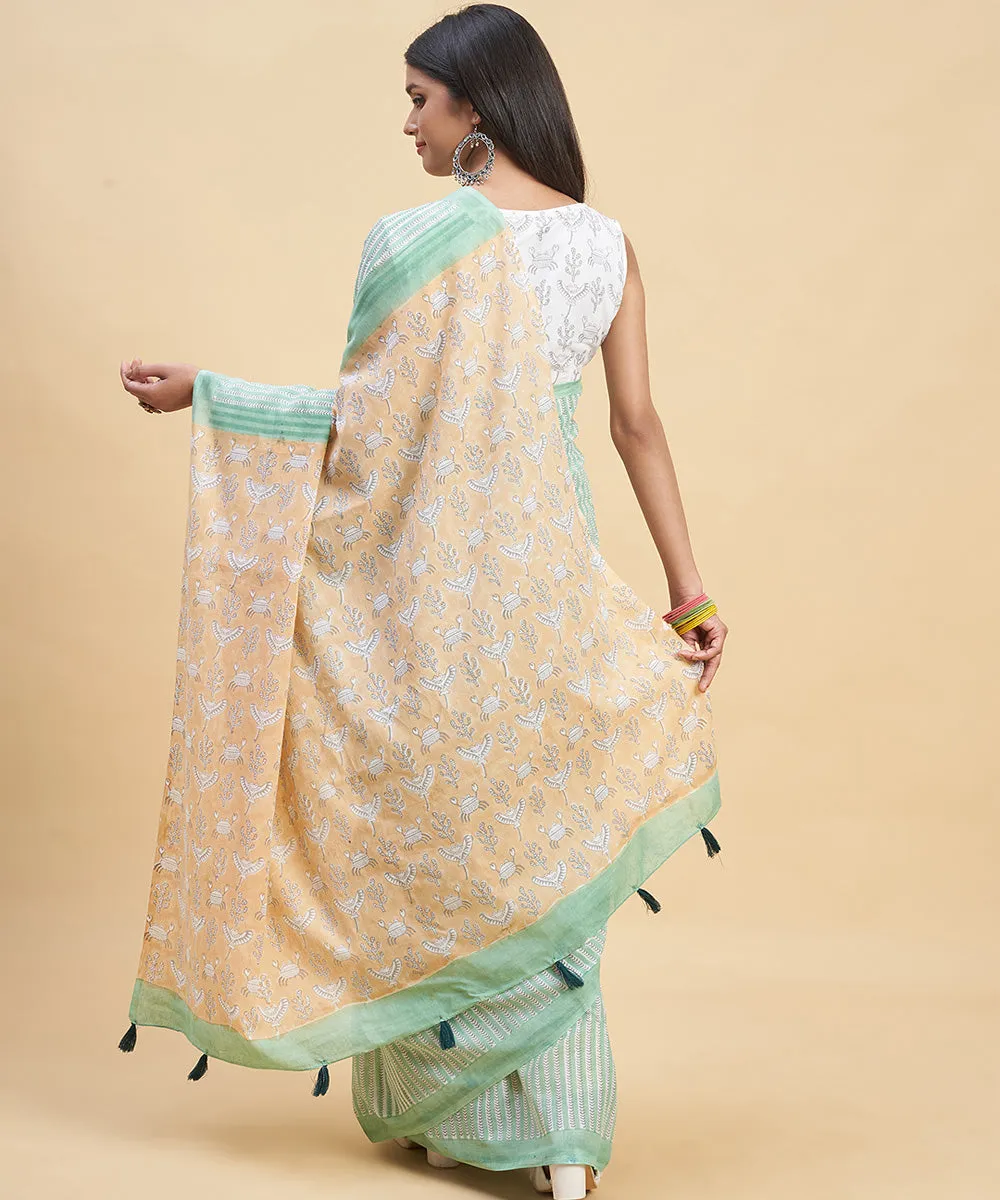 Cyan green peach cotton hand block sanganeri printed saree