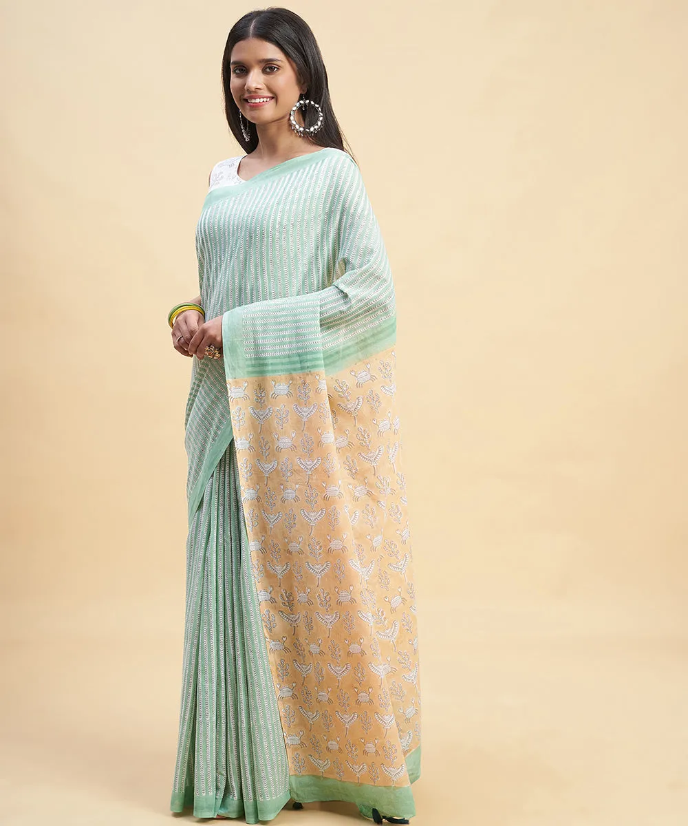 Cyan green peach cotton hand block sanganeri printed saree