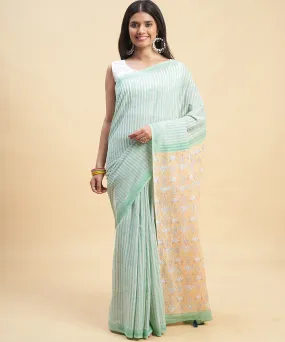 Cyan green peach cotton hand block sanganeri printed saree