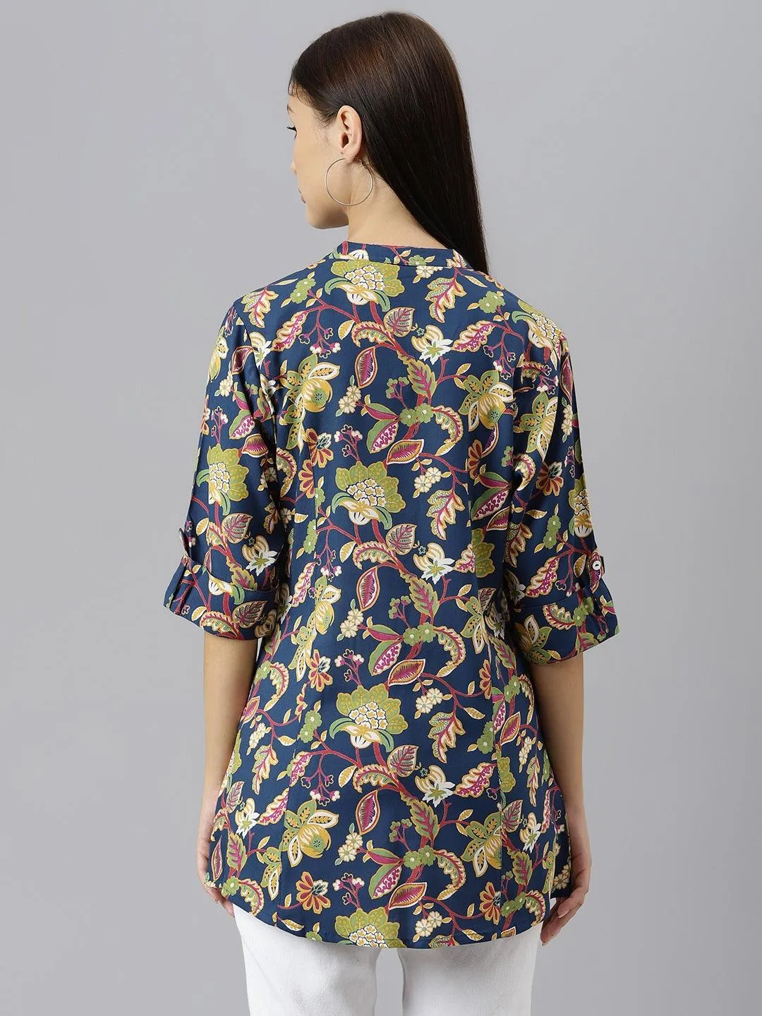 Divena Navy Blue Floral Rayon A-line Shirts Style Top