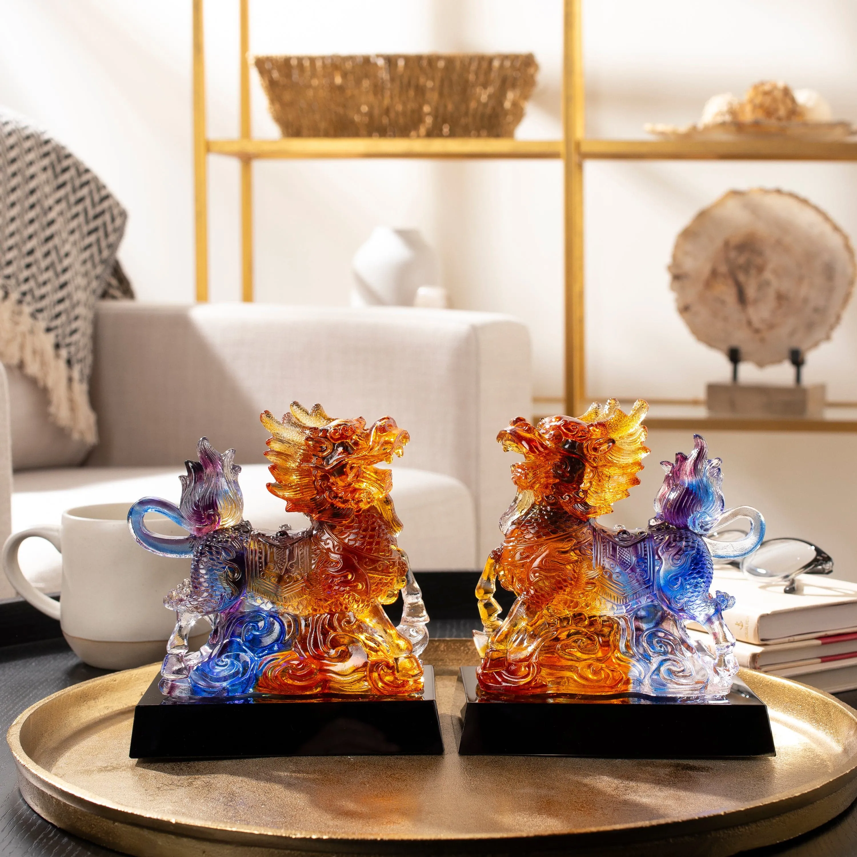 Elegant Qilin Crystal Carving Pair with Detachable Base - A Symbol of Good Luck and Prosperity