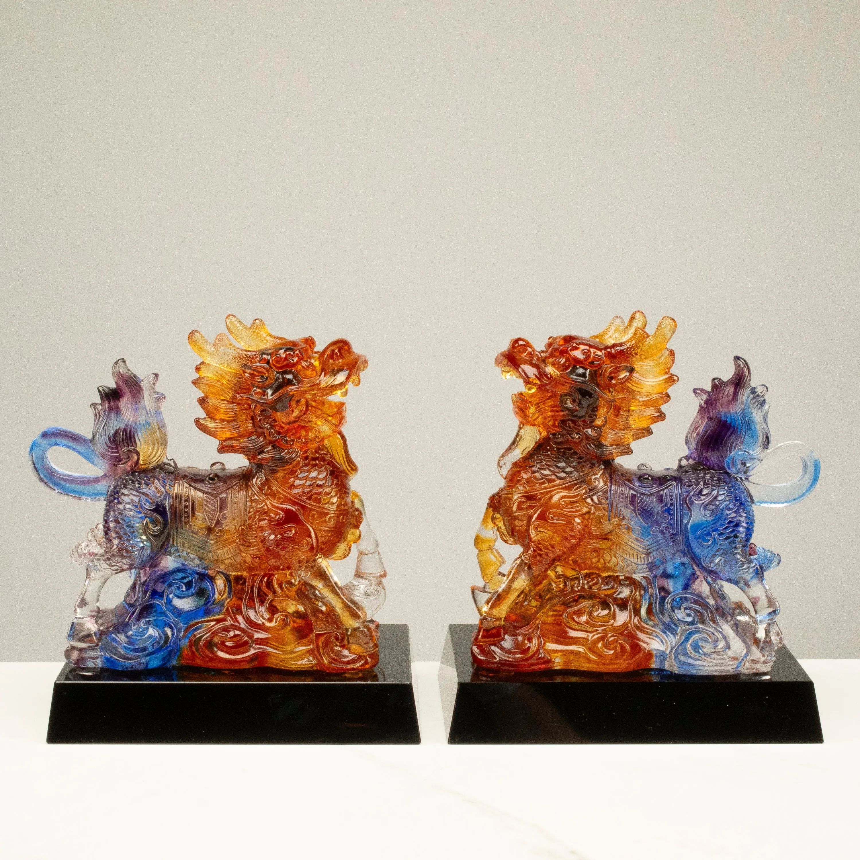 Elegant Qilin Crystal Carving Pair with Detachable Base - A Symbol of Good Luck and Prosperity