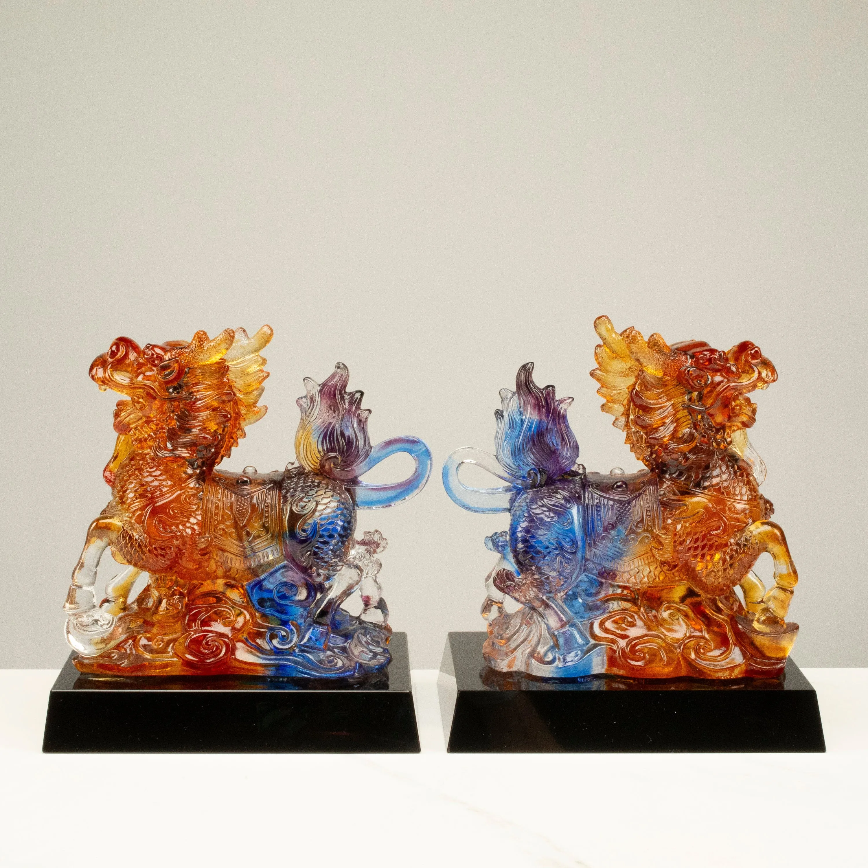 Elegant Qilin Crystal Carving Pair with Detachable Base - A Symbol of Good Luck and Prosperity